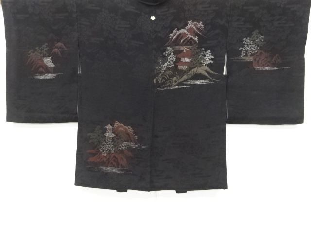 大正ロマン　紋錦紗寺塔に樹木風景模様織り出し漆一つ紋絵羽織